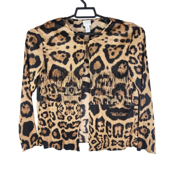 Womens Chicos Collection Leopard Print Pleated & Fringe Cardigan Top Size 2 (L) - Picture 1 of 10